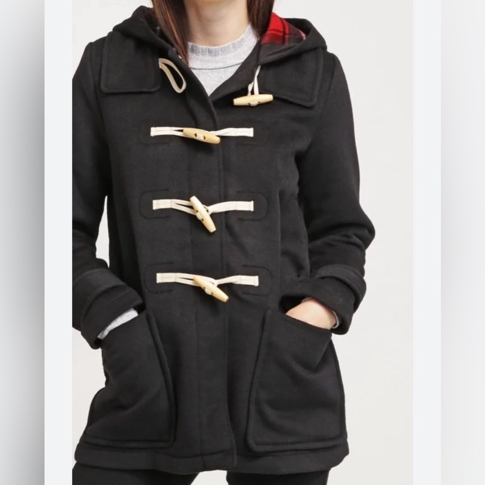 GAP Toggle Zip Up Pea Coat with Hood, Black with Red Plaid Interior, Size S